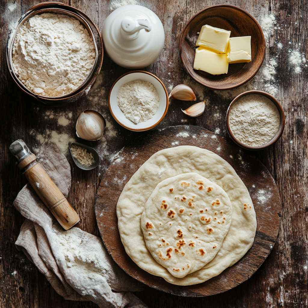 The Best Recipe Garlic Naan Bread – Soft, Buttery & Homemade Every Time 4 garlic naan bread ingredients on counter
