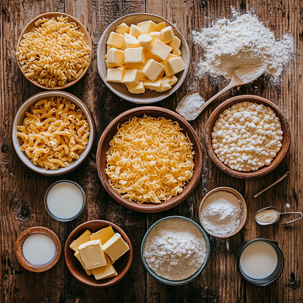 easy-mac-and-cheese-ingredients.jpg ingredients for easy mac and cheese recipe baked