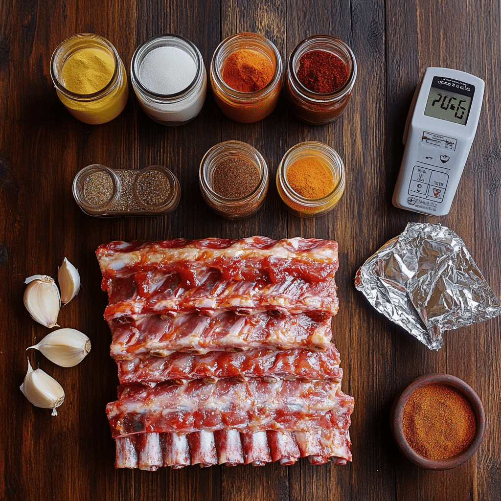 Fall Off Bone BBQ Ribs That’ll Make You Forget the Knife 7 BBQ rib ingredients laid out on table