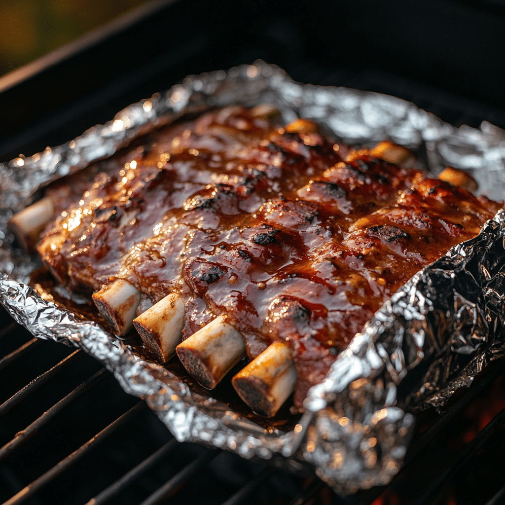 Fall Off Bone BBQ Ribs That’ll Make You Forget the Knife 9 wrapped ribs inside smoker