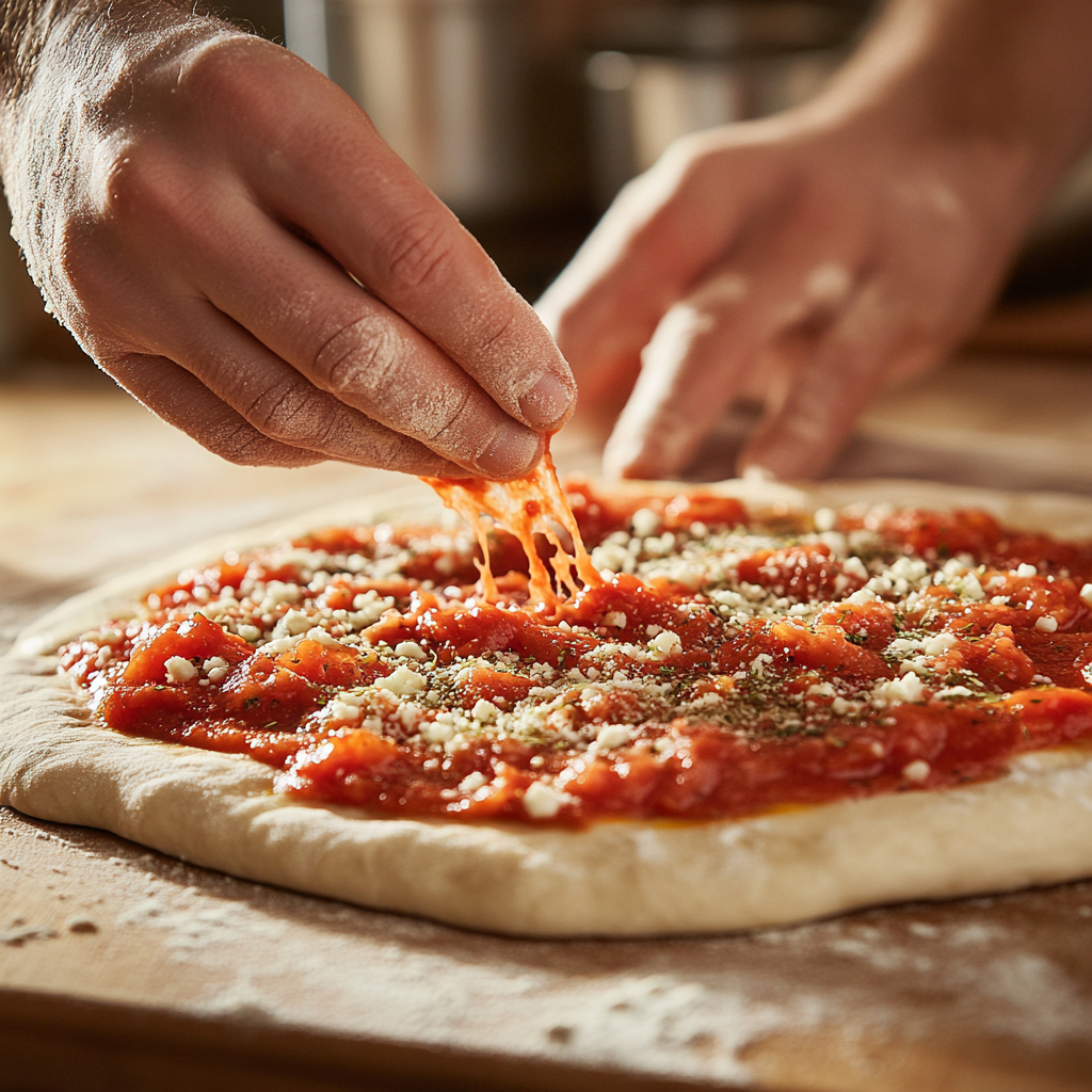 Cheese Pizza Recipe: The Simple Secret Behind Perfect Cheesy Slices 7 Spreading tomato sauce on pizza dough