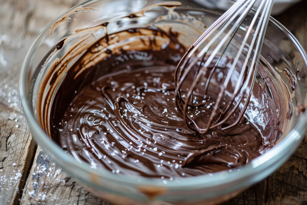 Chocolate Fudge Cake with Chocolate Cream Frosting: My Mom’s Sunday Secret 8 Mixing chocolate fudge cake batter in bowl