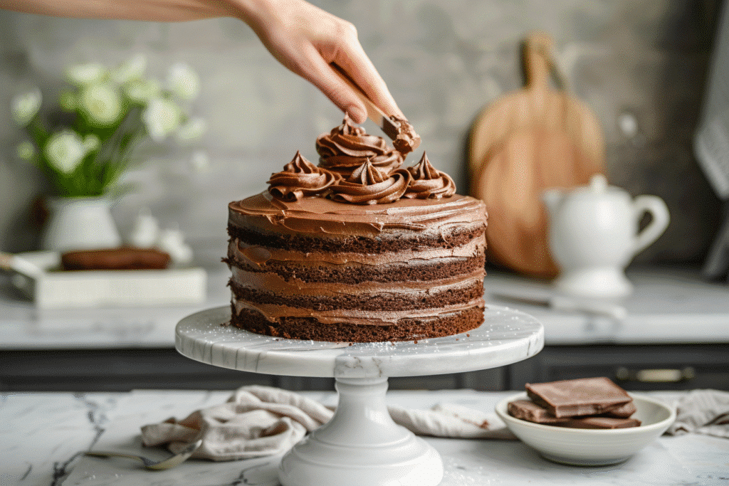 Chocolate Fudge Cake with Chocolate Cream Frosting: My Mom’s Sunday Secret 9 Spreading chocolate cream frosting on fudge cake