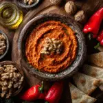 muhammara recipe in ceramic bowl with pita
