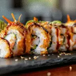 shrimp tempura sushi roll with avocado and eel sauce