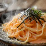 Creamy Mentaiko Pasta That Melts in Your Mouth 8 Creamy mentaiko pasta served in a bowl with nori topping