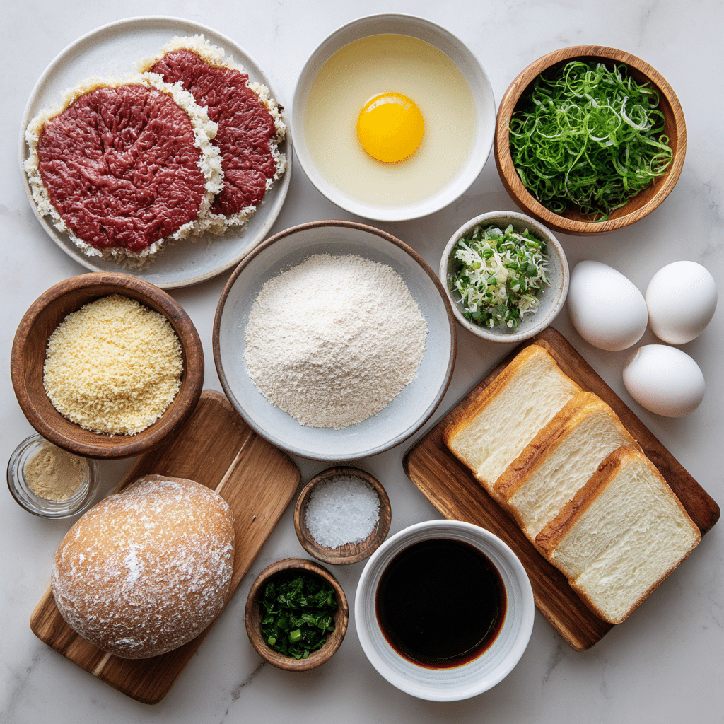 Wagyu katsu sandwich ingredients flat lay