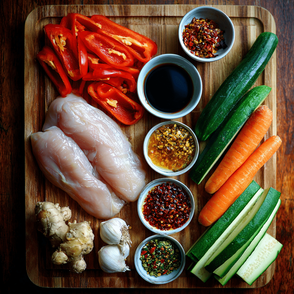 Ingredients for Hunan chicken on cutting board