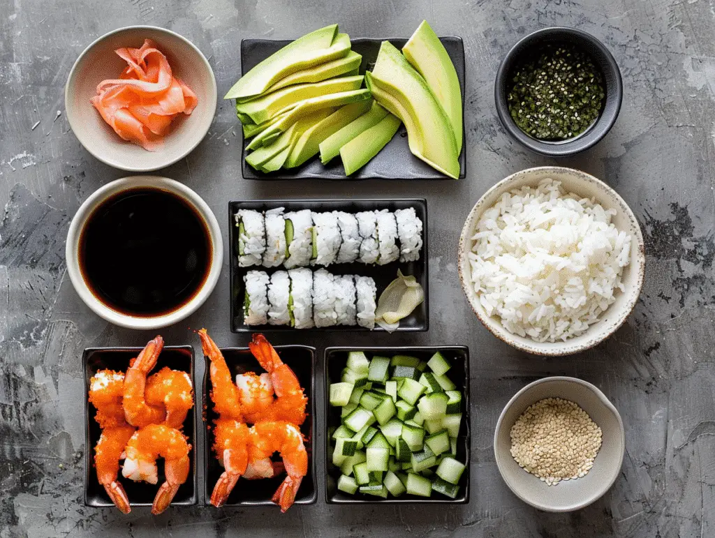 shrimp tempura sushi roll ingredients flat lay