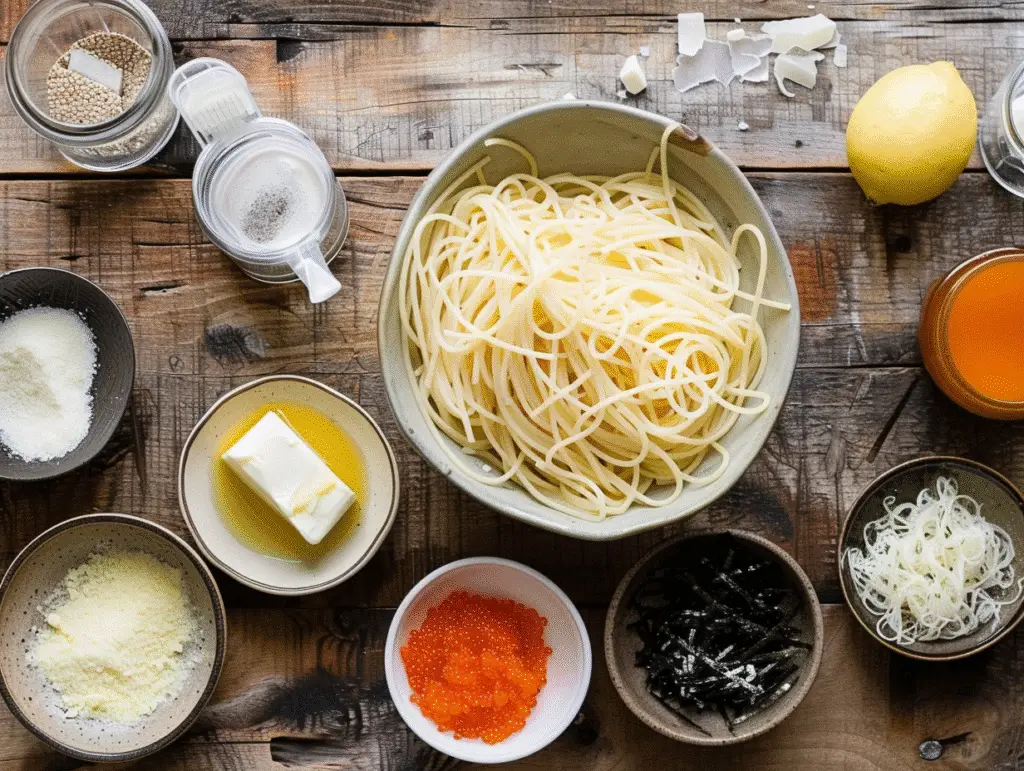 Creamy Mentaiko Pasta That Melts in Your Mouth 9 Ingredients for creamy mentaiko pasta on wooden counter