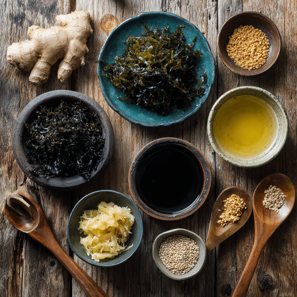 seaweed salad recipe ingredients flat lay