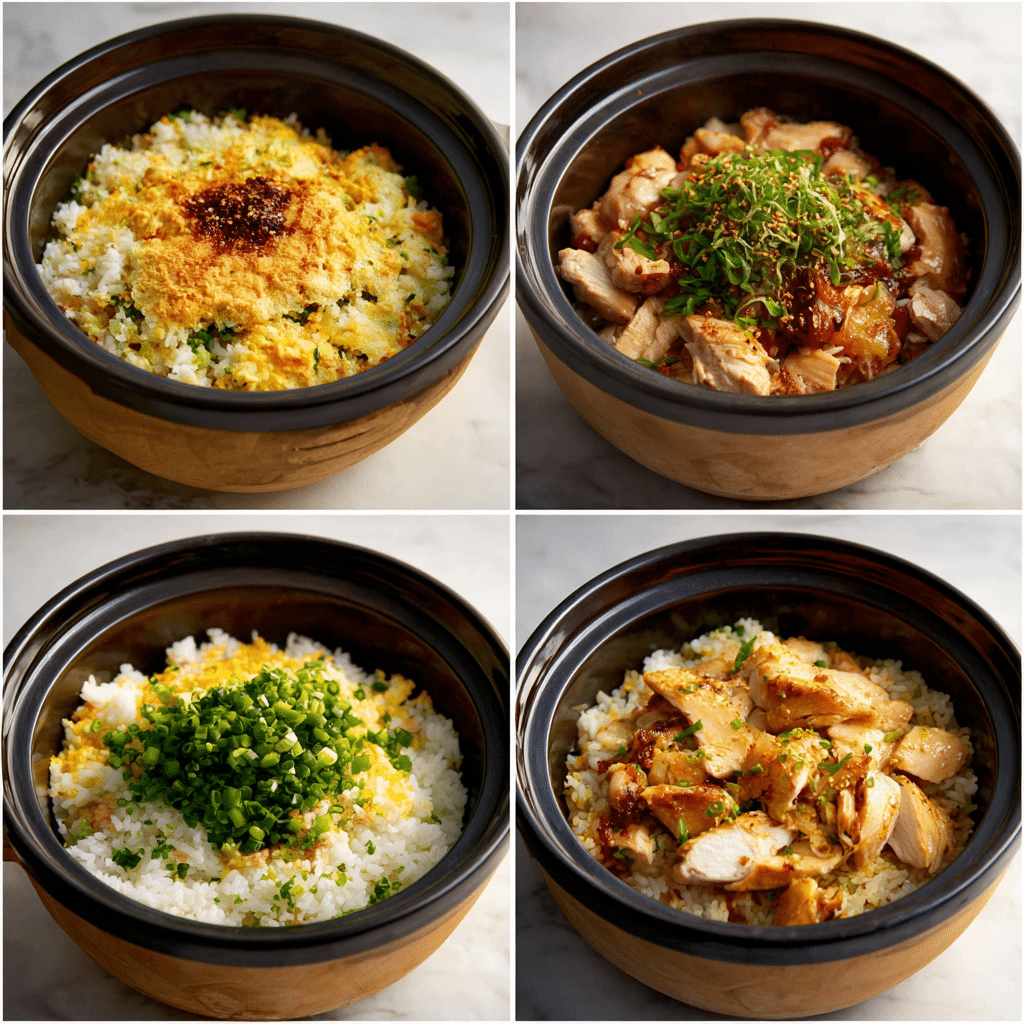 step-takikomi-gohan-layering layering chicken on takikomi gohan rice