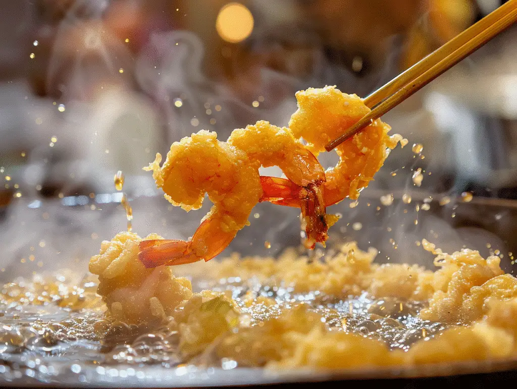 frying shrimp tempura for sushi roll
