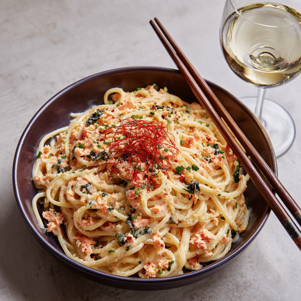 Creamy Mentaiko Pasta That Melts in Your Mouth 13 Serving creamy mentaiko pasta with garnishes