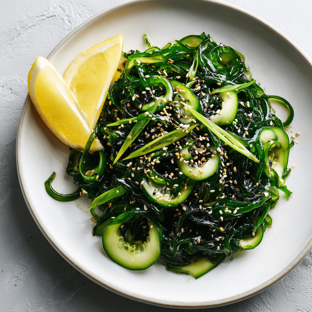serving seaweed salad recipe with garnish