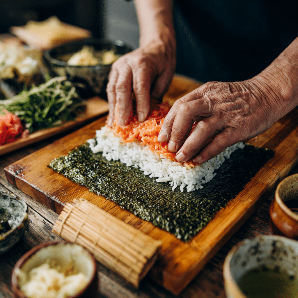 rolling spicy salmon sushi hand roll at home