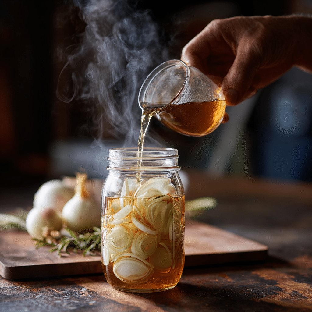 Pouring brine over onions