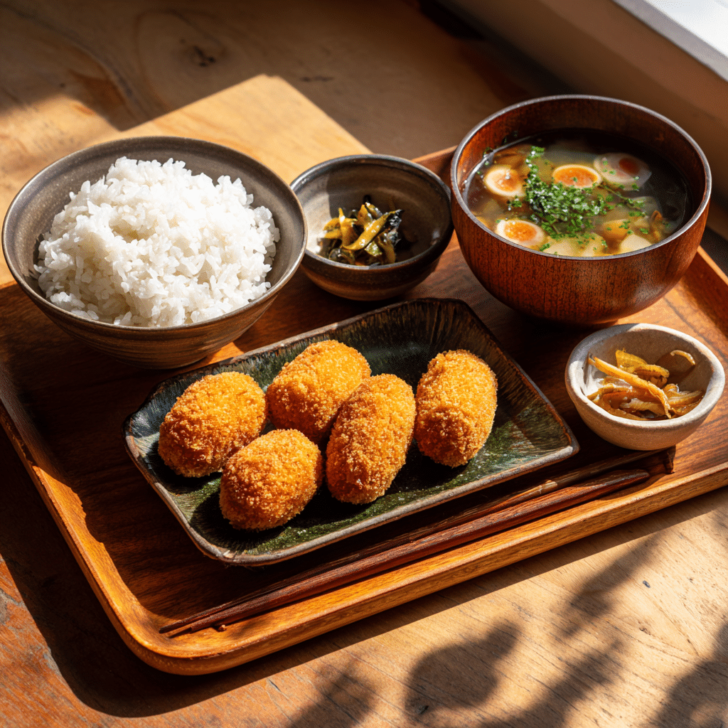 Korokke Potato Croquettes: Crispy, Creamy Japanese Comfort You’ll Love 9 korokke potato croquettes served in a full Japanese meal