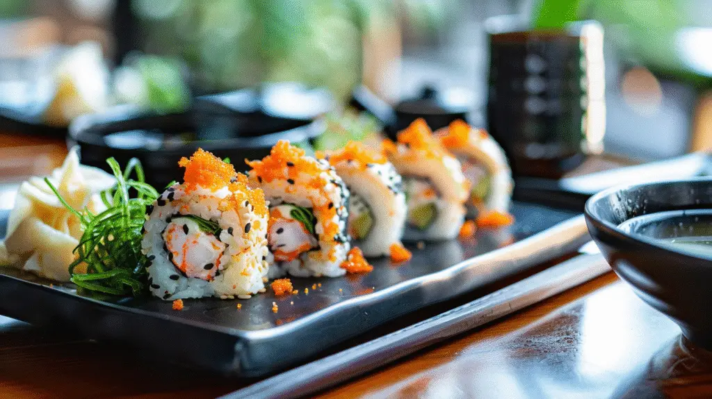 shrimp tempura sushi roll with sides