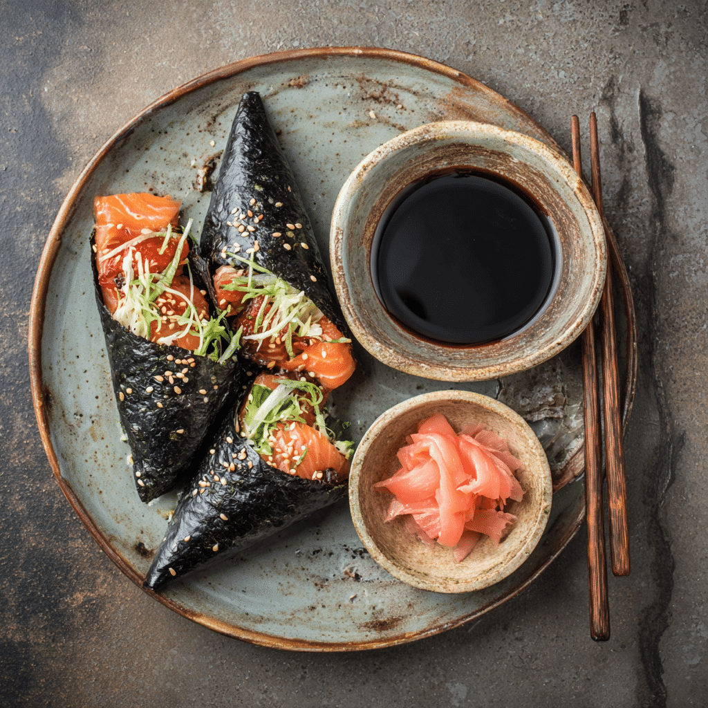 spicy salmon sushi hand roll served with condiments