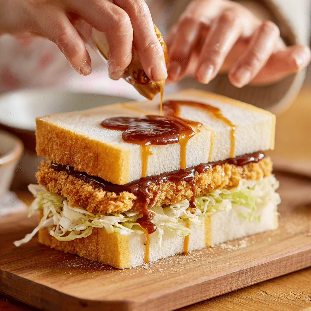 Assembling wagyu katsu sandwich