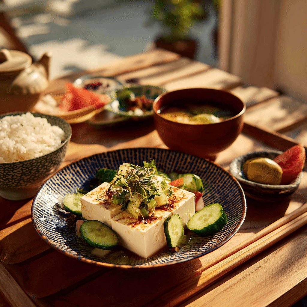 Hiyayakko Cold Tofu Salad – A Refreshing Japanese Classic for Summer 4 Serving hiyayakko cold tofu salad in a Japanese meal