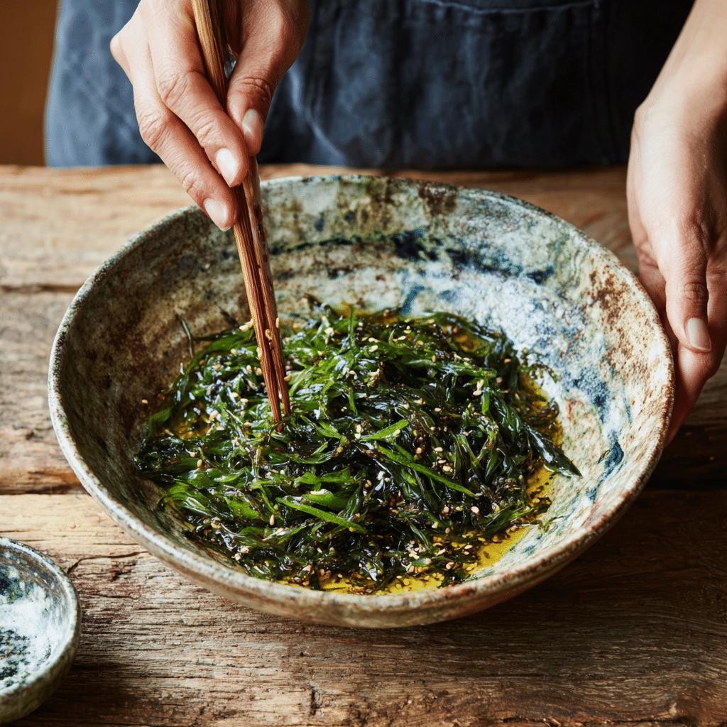 tossing seaweed salad recipe with dressing
